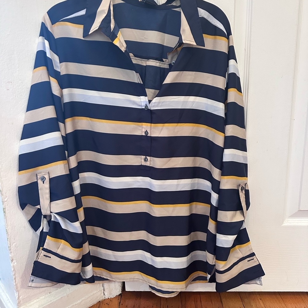 Ann Taylor Navy and Beige Striped Shirt